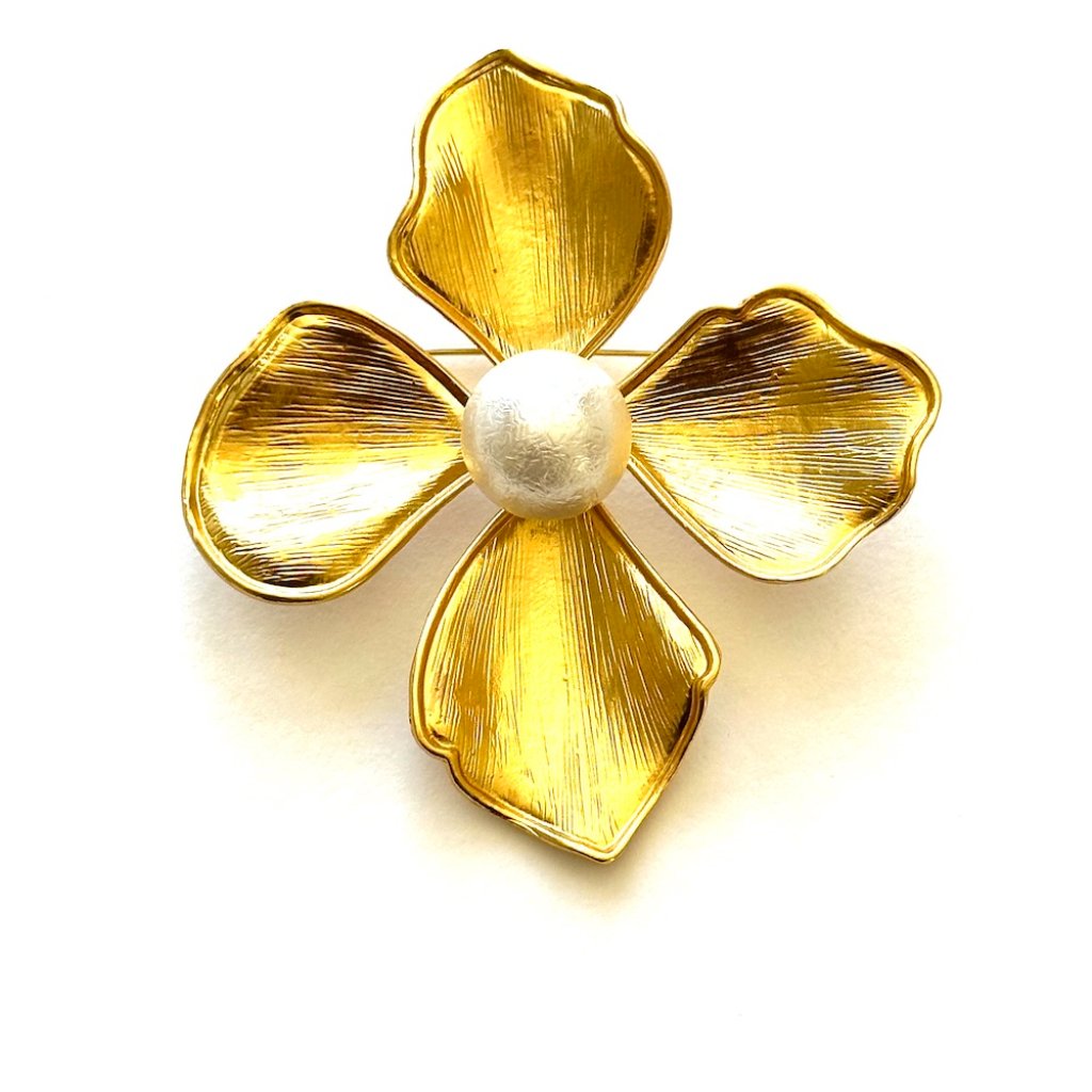 Kenneth Jay Lane, 3" X 3" Gold Flower Pin With Pearl Center